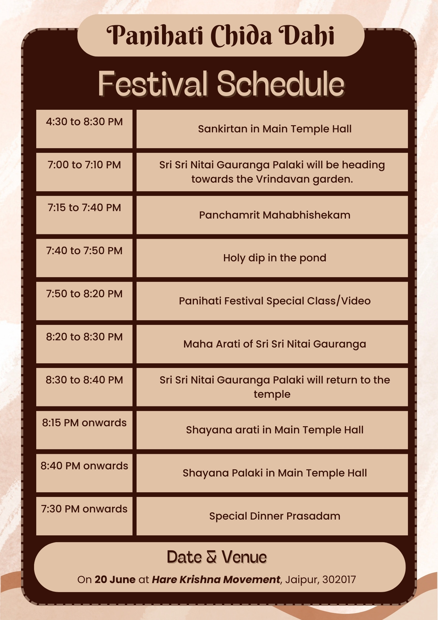 Panihati festival celebration schedule at Hare Krishna Movement Jaipur